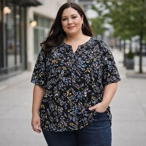 Penningtons Black Floral Blouse | Plus Size Flutter Sleeve V-Neck Top